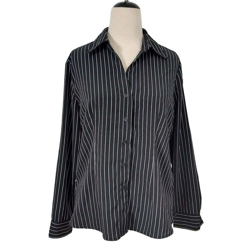 Croft & Barrow Shirt Top Button Up Black White Striped Womens Size Large